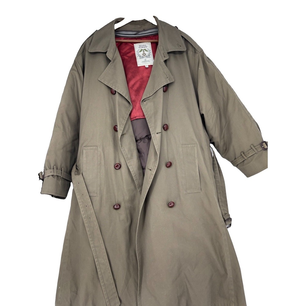 Vintage London Fog Tempo Europa Trench Coat 46R Green Removable Down Liner USA